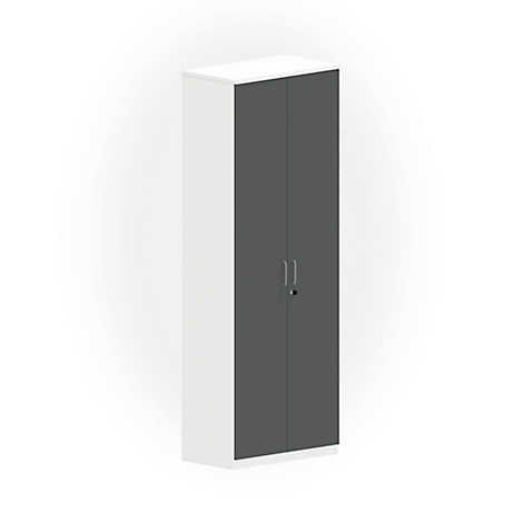 A white and gray cabinet with double doors. The doors are dark gray and have a handle and a keyhole.
